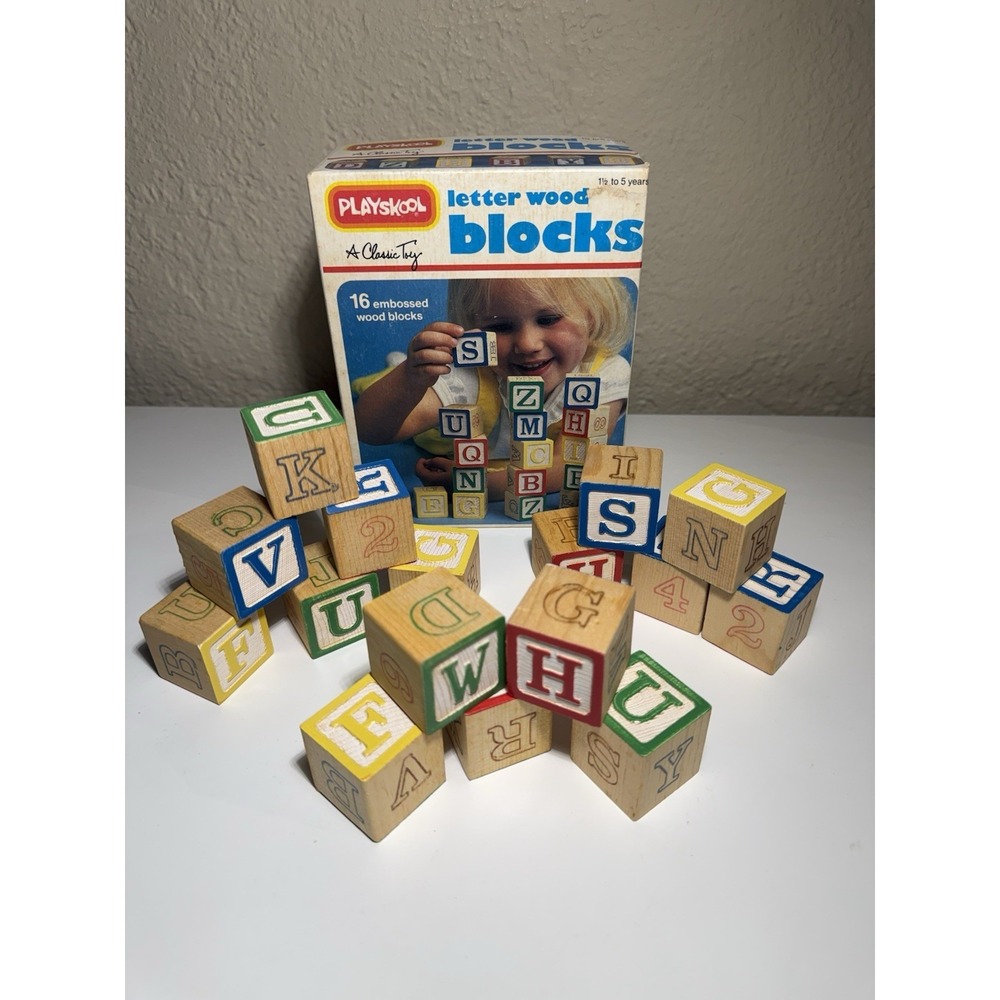 Playskool 16 Letter Number Embossed Wood Blocks 1980s Complete